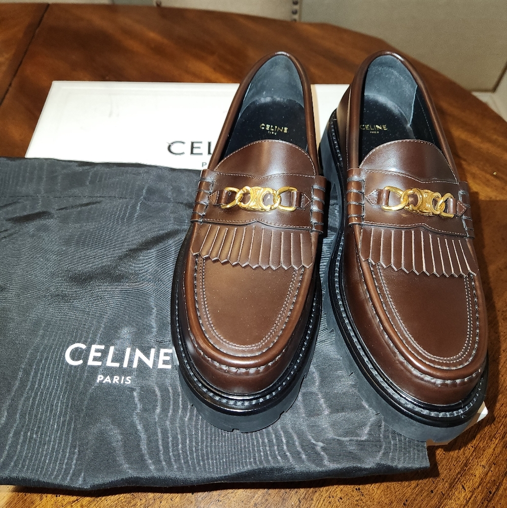 Celine Brown Leather Loafers with Gold Accent